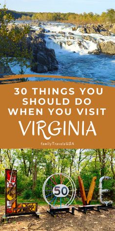 the words, 30 things you should do when you visit virginia in front of a waterfall