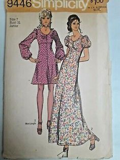 Dress Gown Maxi Mini 7 Simplicity Sewing Pattern 9446 Cut VTG 70's Empire Waist | eBay 70s Sewing Patterns, Hippie Maxi Dress, Peasant Style Dress, 1970s Sewing Patterns, Patron Vintage, Vestidos Retro, Simplicity Dress, Vintage Dress Patterns, 70s Boho