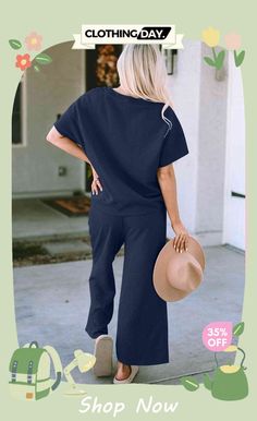 Short Sleeve Top and Pants Set Casual Ankle-length Pants Sets For Work, Solid Color Wide Leg Pant Set For Work, Wide Leg Pant Set For Workwear, Casual Cotton Pant Set, Casual Solid Color Wide-leg Pants Set, Chic Loungewear Sets With Trousers, Chic Relaxed Fit Sets, Casual Solid Wide-leg Pant Sets, Casual Wide-leg Pants Set