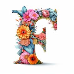 the letter f is made up of flowers and leaves on it's side,