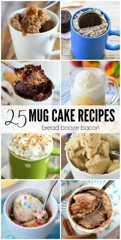 the top five mug cake recipes for breakfast, desserts and desserting with text overlay