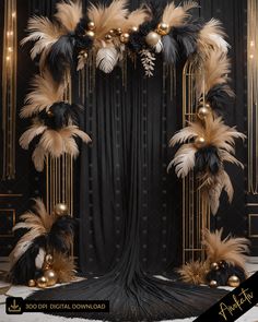 a black and gold themed backdrop with feathers, beads and ornaments on it's sides