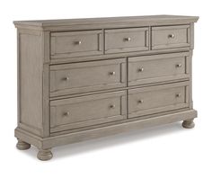 a large gray dresser with many drawers and knobs on the bottom drawer, in front of a white background