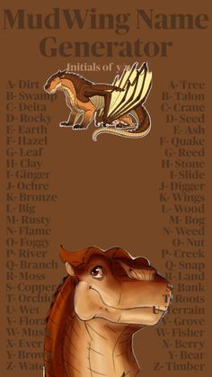 an image of a brown dragon with the words mudwing name generator on it's side