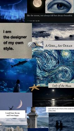 the collage has many different pictures and words on it, including an ocean theme