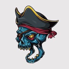 a skull wearing a pirate hat with a fish in it's mouth on a white background