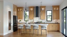 a kitchen with wooden cabinets and white chairs