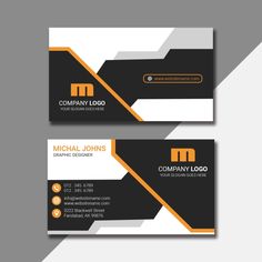 two black and white business cards with orange accents on the bottom one has a rounded corner