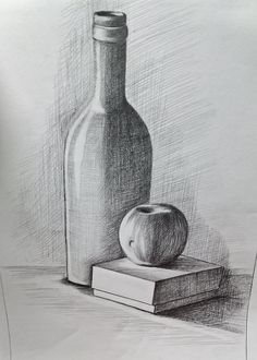 a pencil drawing of an apple next to a bottle