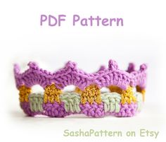 a crochet pattern for a bracelet with flowers on the front and side, in purple