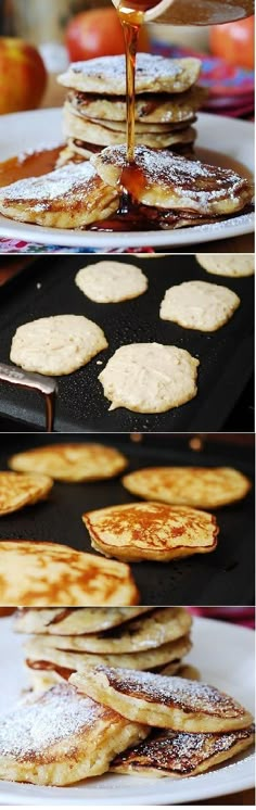 pancakes being cooked on a pan with syrup pouring over them and then topped with powdered sugar