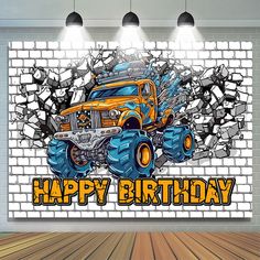 an image of a birthday card with a monster truck on the wall and bricks behind it