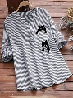 Cat Stripe Print Button Front Blouse Casual Notch Neck Long - Temu Plus Size Elegant Dresses, Plus Size Chic, Blouse Casual Fashion, Striped Cat, Chic Blouses, Blouse Casual, Henley Shirt, Plus Size Kleidung, Pullover Shirt