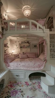 a bunk bed in the middle of a room with flowers on the floor and walls