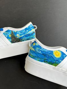 Hi,  I paint amazing and uniques sneakers for you or your loved ones! Every pair of sneakers is made to order and it's hand-painted so it can be personalized with names, dates or any other special details.  👟Each pair is brand new, price includes sneakers. This design is on Adidas Bravada but it can be made on any shoes of your choice (please message me so we can arrange that). Takes around 1-2 weeks + shipping time All sales are final. No returns and exchanges but please contact me if you have Painted Gifts, Hand Painted Gifts, Starry Night Van Gogh, Custom Vans, Gifts For Art Lovers, Tie Shoes, Art Lovers, Van Gogh, Lovers Art