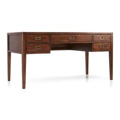 the desk is made from wood and has two drawers on one side, with an open drawer