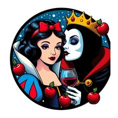 snow and evil queen kissing each other with an apple in front of the image, surrounded by red apples