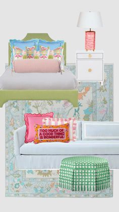 a bedroom with colorful wallpaper and bedding in different colors, patterns and sizes