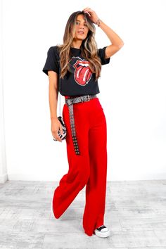 Big Ambitions - Red Wide Leg Trousers – DLSB Fun Smart Casual Outfits, Edgy Wide Leg Pants Outfit, Graphic Tee With Trousers, Red Wide Leg Pants Outfit, Red Trousers Outfit, Red Wide Leg Trousers, Style Wide Leg Trousers, Red Pants Outfit, Red Wide Leg Pants