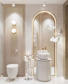 a bathroom with a toilet, sink and mirror in the corner next to an archway