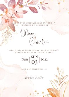 an elegant wedding card with pink flowers and gold glitters on the edges, in french