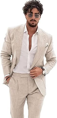 Wangyue Men's 2-Piece Linen Suit Casual Slim Fit Vintage Suits Groomsmen Tuxedos Wedding Summer Beach Blazer Pants Set Casual Wedding Suit, Tuxedos Wedding