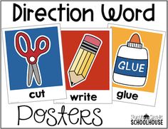 three different posters with words and pictures on them that say,'direct word cut write glue