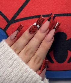 Superhero Acrylic Nails, Spider Verse Nails, Spider Man Nails Acrylic, Iron Man Nails, Nails Spiderman, Spider Man Nails