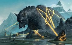 a painting of a wolf with yellow lines coming out of it's mouth and on its hind legs