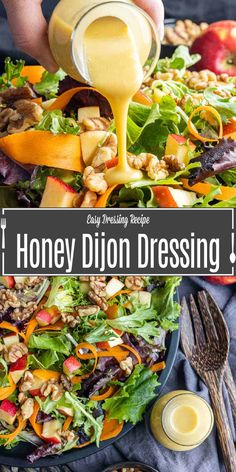 honey dijon dressing being drizzled onto a salad