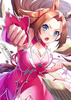 an anime character with blue eyes and pink dress