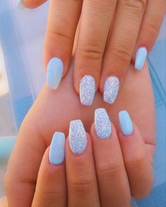 Fingernail Ideas, Blue Prom Nails, Light Blue Nails, Nails Yellow, Blue Acrylic Nails, Cute Gel Nails, Sparkle Nails, White Nail, Acrylic Nails Coffin Short