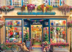 a painting of a store front with a dog sitting in the doorway and flowers on the windows