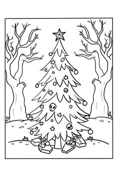 a christmas tree with presents on it in the forest coloring pages for kids and adults