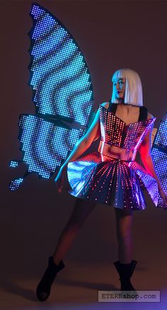 Light Up Fashion, Pixel Wings, Led Outfit, Led Wings, Light Up Dress, Led Jacket, Wire Dress, Light Up Clothes, Light Up Dresses