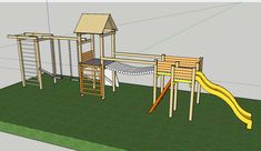 a wooden play set with slide and climbing frame