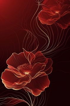 red flowers on a black background with swirls