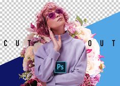 a woman with pink hair and sunglasses standing in front of flowers wearing a purple sweater