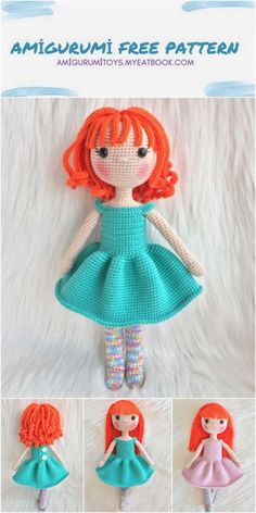 the doll is made from crocheted yarn and has red hair, wearing a blue dress