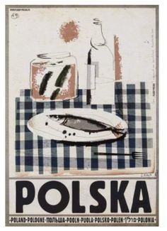 an advertisement for polska soda with fish and bottle on the tablecloth in front of it