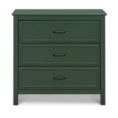 a green nightstand with three drawers and two pulls on the bottom, in front of a white background