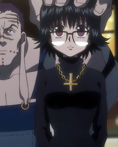 an anime character with black hair and glasses holding his hand up in the air while standing next to another character