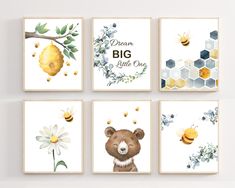 four prints with different animals and honeycombs on them, each featuring a bear