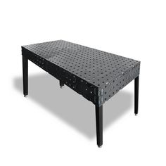 the table is made from metal and has holes on it's sides, as well as black legs