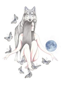 a drawing of a woman sitting on the ground with butterflies around her and a wolf behind her