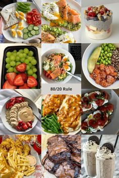 many different pictures of food and drinks with the words 80 / 70 rules on them