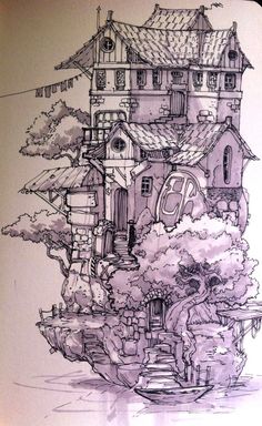 a drawing of a house in the woods