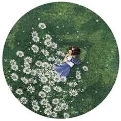 a painting of a girl in a field of daisies