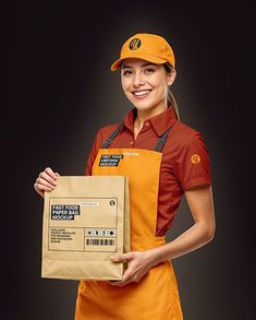 a woman in an orange apron holding a brown bag