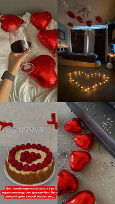 a collage of photos with heart shaped balloons and a cake in the foreground